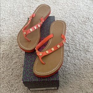 Tory Burch Orange Sandals with Gold Emblems